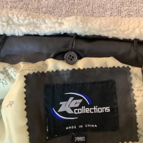 ** Infant 24 Mo Faux Leather Biker Jacket Black Removable Sherpa Collar Zip - Picture 7 of 11